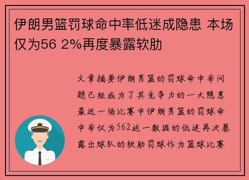 伊朗男篮罚球命中率低迷成隐患 本场仅为56 2%再度暴露软肋