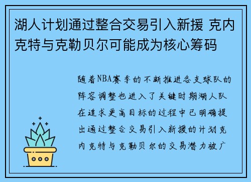 湖人计划通过整合交易引入新援 克内克特与克勒贝尔可能成为核心筹码