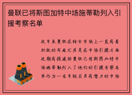曼联已将斯图加特中场施蒂勒列入引援考察名单